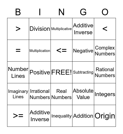 Number Lines Bingo Card