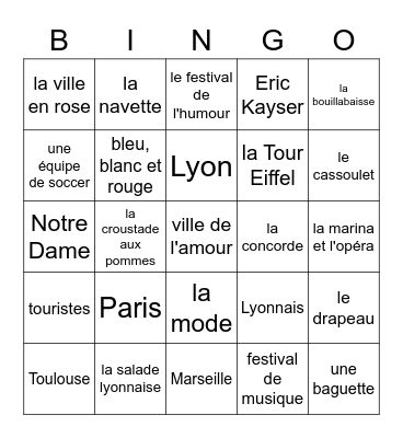 La France (villes et cuisine) Bingo Card