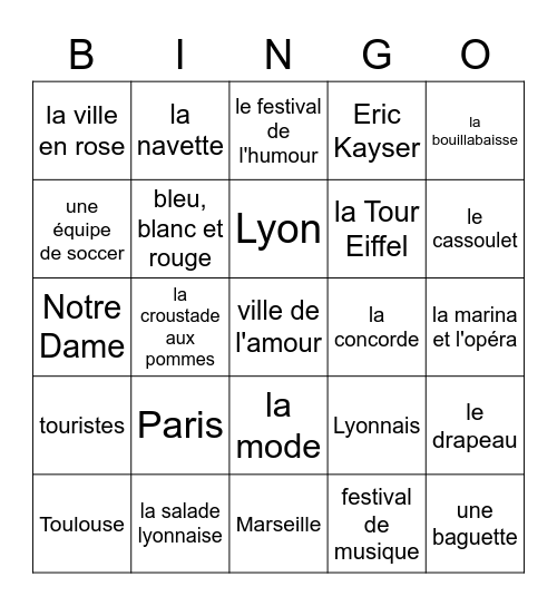 La France (villes et cuisine) Bingo Card