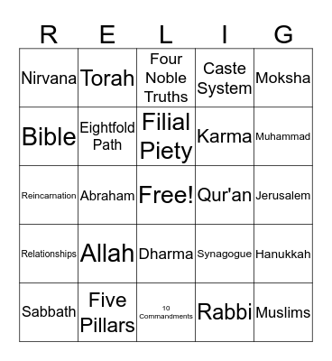 World Belief Systems Bingo Card