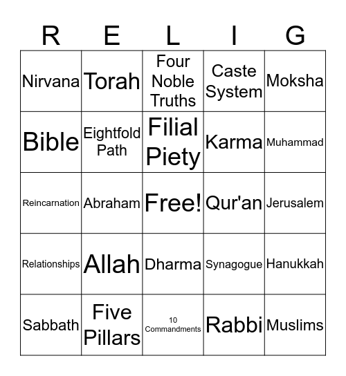 World Belief Systems Bingo Card