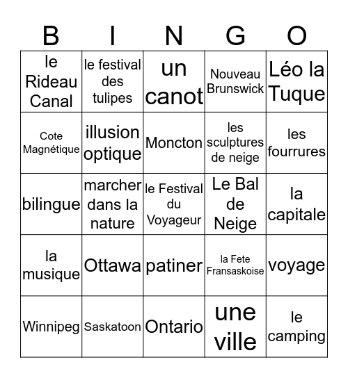 Les Villes Francophones du Canada Bingo Card