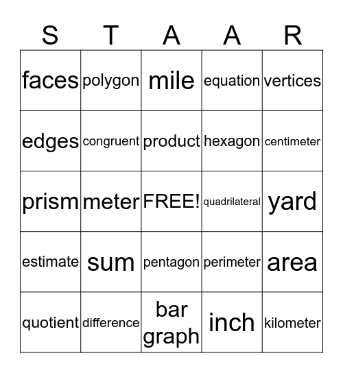 STAAR-ingo Bingo Card