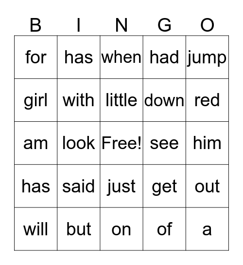 Sight Word Bingo Card