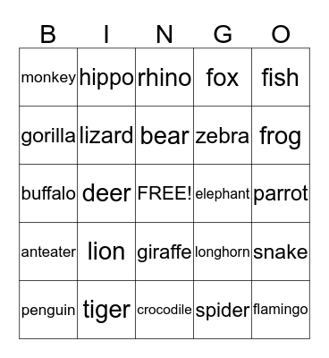 Zoo Animals Bingo Card