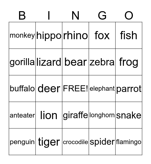 Zoo Animals Bingo Card