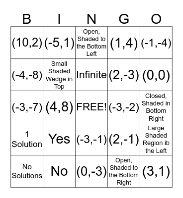 Systems of Equations Bingo Card