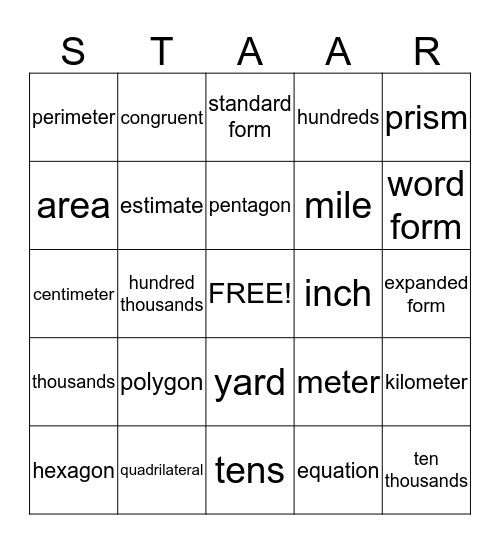 STAAR-ingo Bingo Card