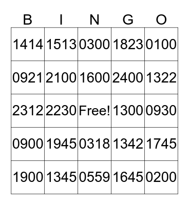 Military Time Bingo Card