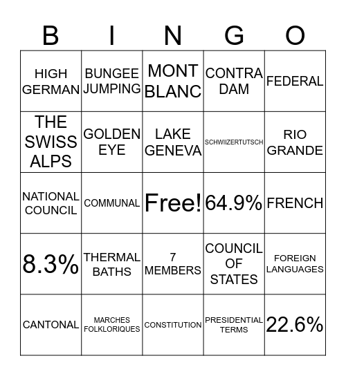 SWITZERLAND Bingo Card