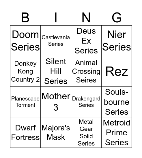 Cy's Favorite Games Bingo Card