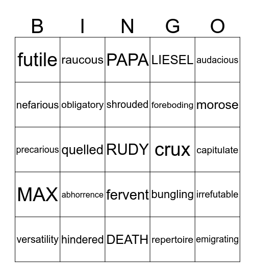 TBT Vocabulary Bingo! Bingo Card