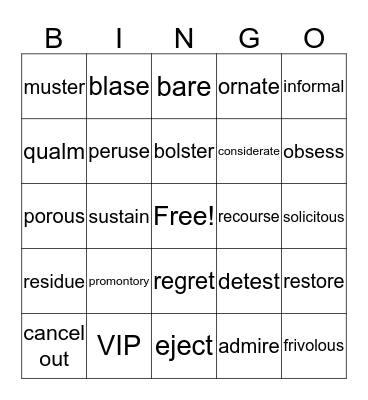 Unit Four Vocabulary  Bingo Card