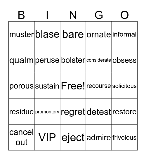 Unit Four Vocabulary  Bingo Card