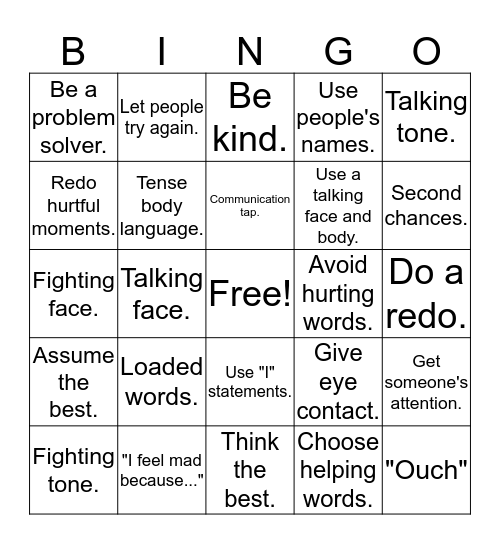 Keys to Communication Bingo Card