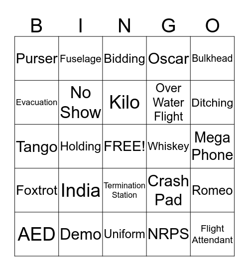 Flight Attending Bingo Card