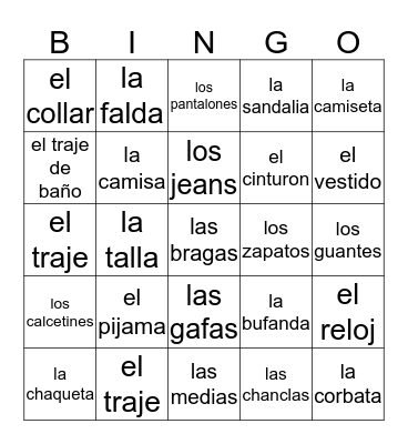 La Ropa Bingo Card