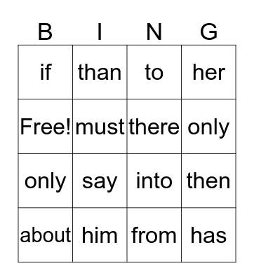 Sight Words Bingo Card