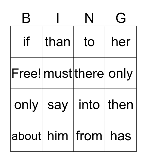 Sight Words Bingo Card