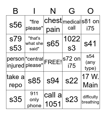 911 dispatcher Bingo Card