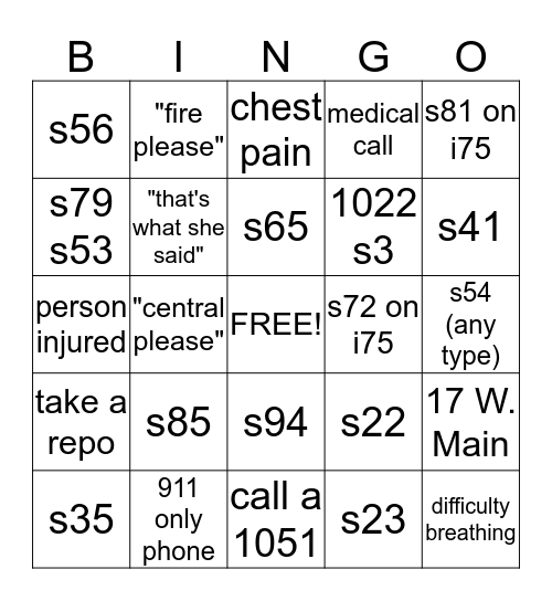 911 dispatcher Bingo Card