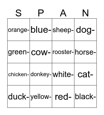 Learning Spanish Bingo and Matching: Colors and Animals  Bingo Card