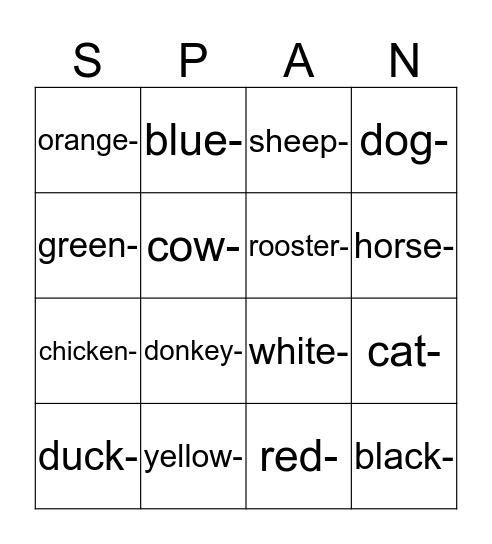 Learning Spanish Bingo and Matching: Colors and Animals  Bingo Card