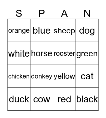 Learning Spanish Bingo and Matching: Colors and Animals  Bingo Card