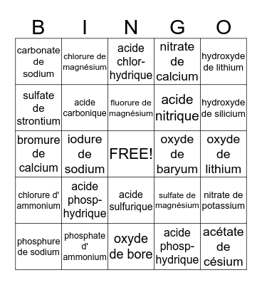 Chimie Bingo Card