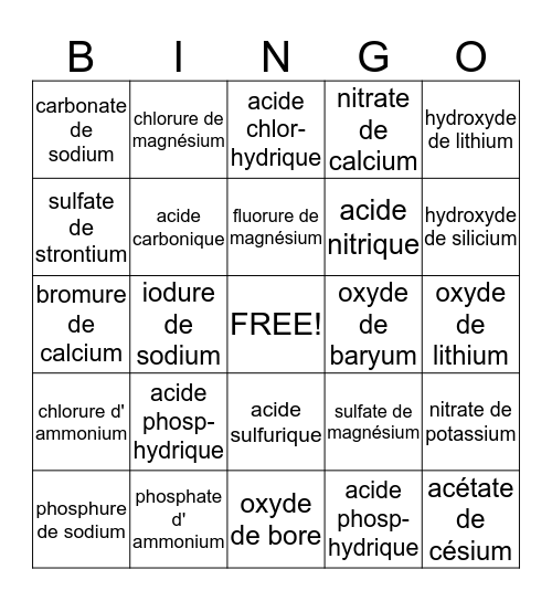 Chimie Bingo Card