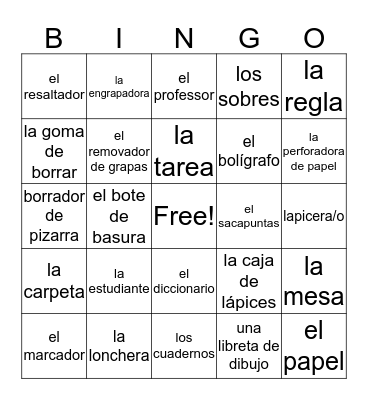 School Materials in Spanish Bingo Card