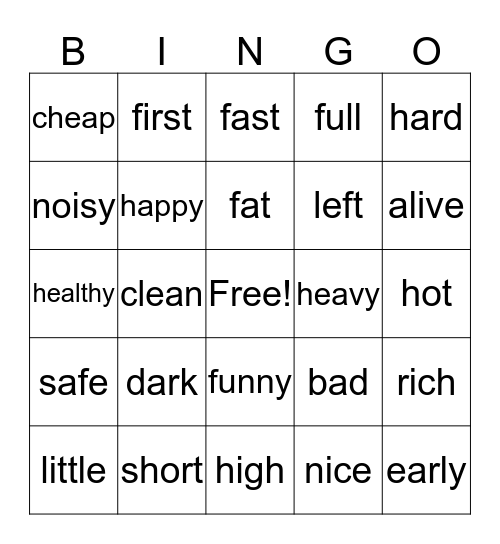 Opposites Bingo Card