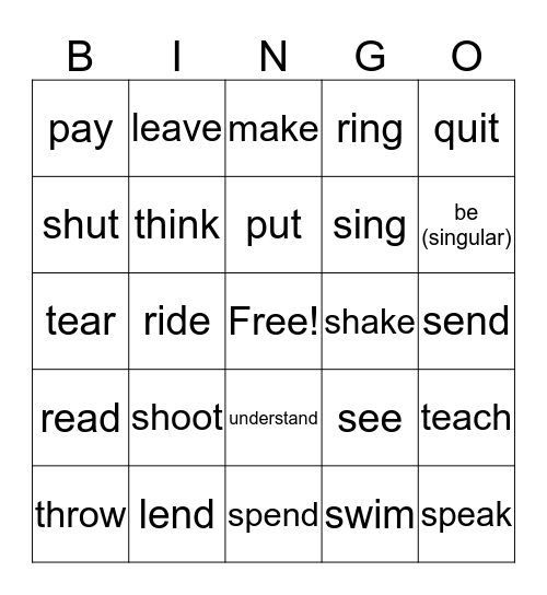 Irregular Verbs  Bingo Card