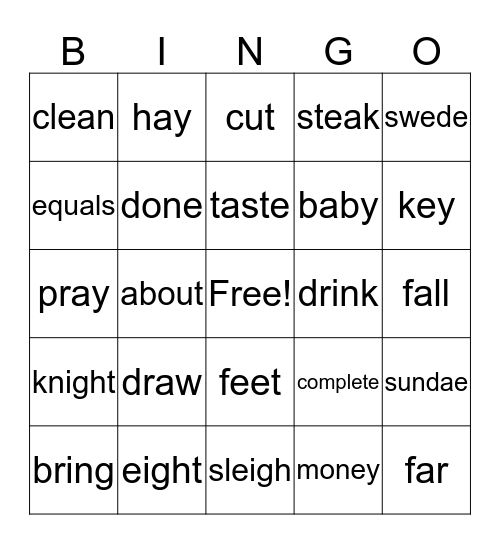 sight words Bingo Card