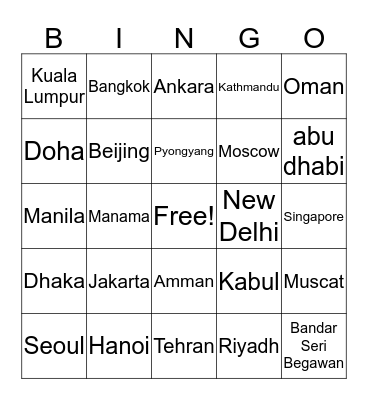 Capital of Asia Bingo Card