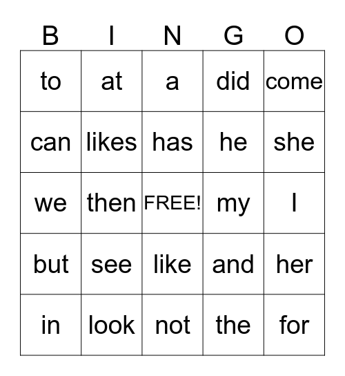 LLI Words Kindergarten 1 Bingo Card