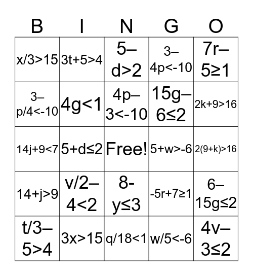 Inequalities Translations Bingo Card