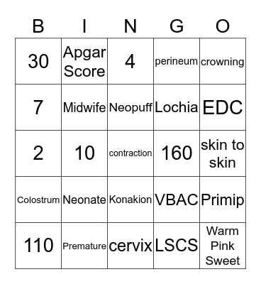 Midwife Bingo Card