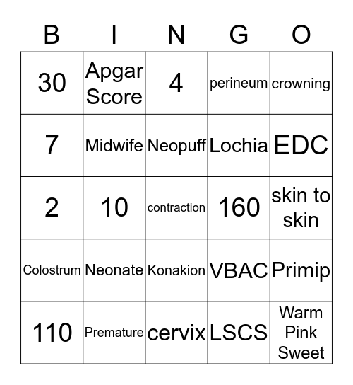 Midwife Bingo Card