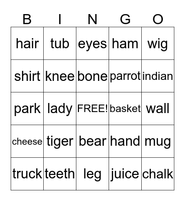 Nouns Bingo Card