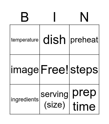 Recipe Bingo Card
