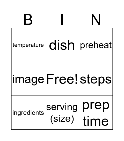 Recipe Bingo Card