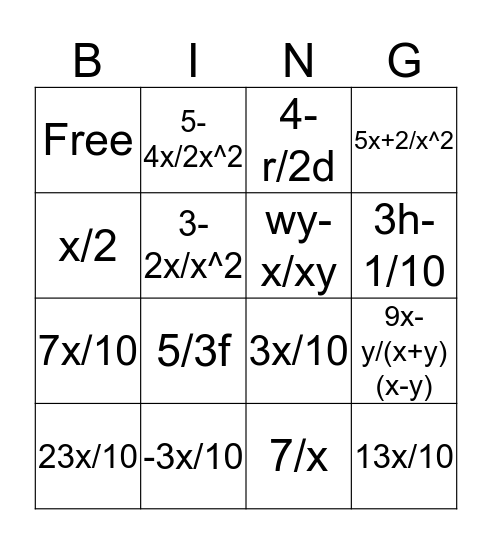 Adding & Subtracting Algebraic Fractions Bingo Card