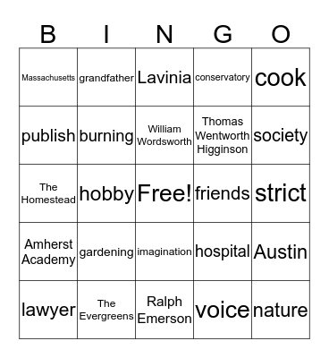 Emily Dickinson Bingo Card