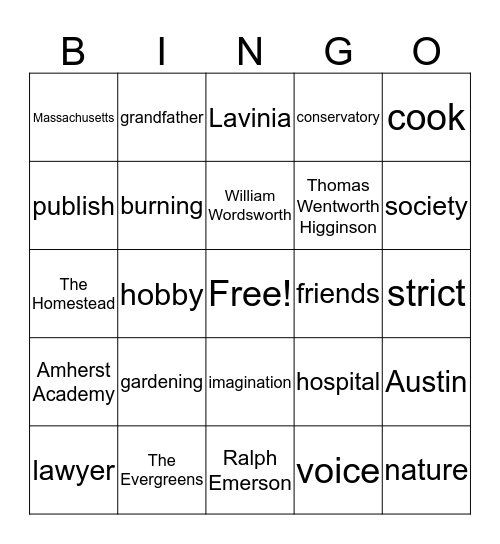 Emily Dickinson Bingo Card