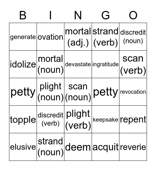 Vocabulary Unit 4 Bingo Card