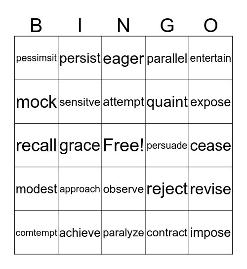 Vocabulary Bingo  Bingo Card