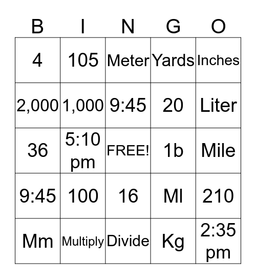 Math Bingo Card