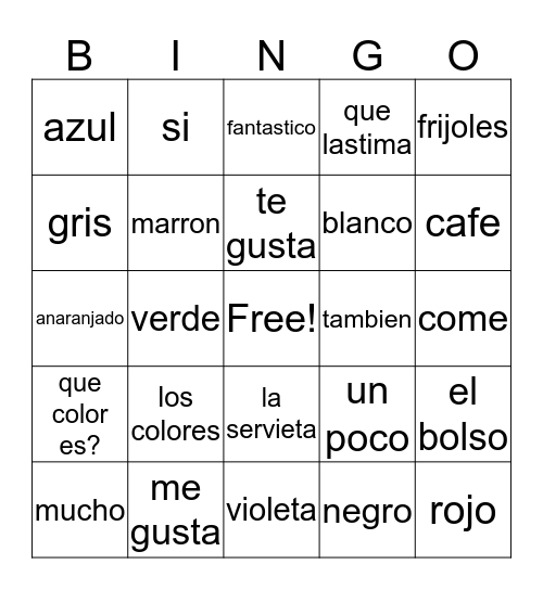 Los Colores Bingo Card