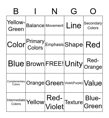 Elements/Principles & Color Bingo Card